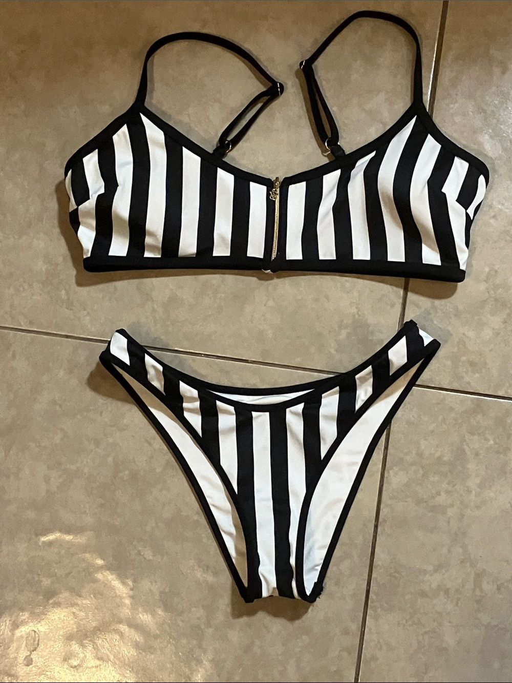 VICTORIAS SECRET Black/White Stripe Bikini Top Is A Large Bottoms Are A Small